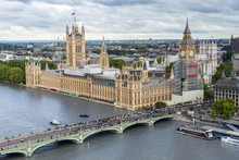 The Big Ben (under Construction), The House Of Parliament And The Westminster Bridge Seem From The London Eye , London, UK.