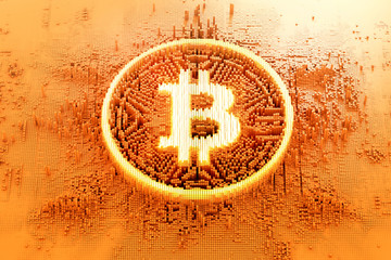 Wall Mural - Illuminated symbol  bitcoin consisting of microscopic small cubes in a random layout. Closeup bussines concept 3d Illustration.