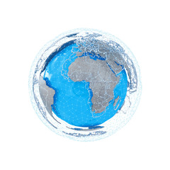Fototapete - Futuristic highly detailed planet Earth is surrounded by a luminous blue wireframe, representing the social network. Isolated on white background. 3d illustration