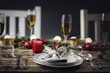 Tavola apparecchiata natalizia con bicchieri di spumante. Tema cibo e feste