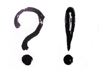 Set, interrogative and exclamation mark. Grunge pattern painted on a white background with black paint