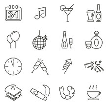 New Years Eve Celebration Or Party Icons Thin Line Vector Illustration Set
