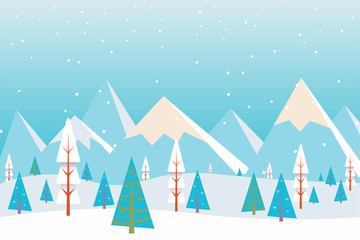 Christmas winter flat landscape background. Christmas forest woods with mountains. New Year vector greeting card