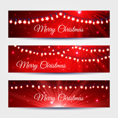Wall Mural - set of banners with christmas light garlands, on red, vector illustration