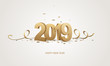Happy New Year 2019. Golden 3D numbers with ribbons and confetti on a white background.