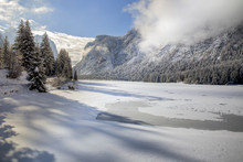 The Dobbiaco Lake During A Frozen Winter, Pusteria Valley, Dolomites, Italy
