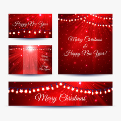 Wall Mural - christmas happy new year banners templates with glowing light, vector illustration