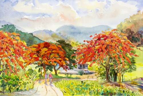 Plakaty Painting watercolor landscape of Peacock flowers,and girls, man,cycling