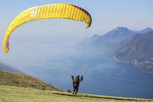 Paragliding Runs From Mount Baldo Above Garda Lake, Verona, Veneto, Italy