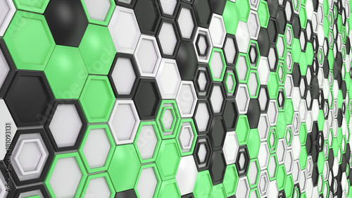 abstract-3d-background-made-of-black-white-and-green-hexagons-on-white-background