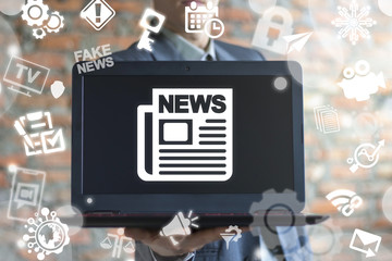 Poster - Newspaper Digital concept. Internet News Information Technology. Businessman using virtual interface offers laptop with newspaper icon.