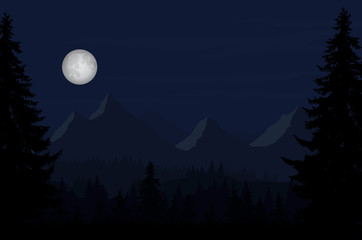 Wall Mural - Vector illustration of a night mountain landscape with a forest and moon full moon under sky with clouds