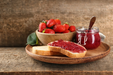 Sticker - Composition with bread, homemade jam and fresh strawberries on table