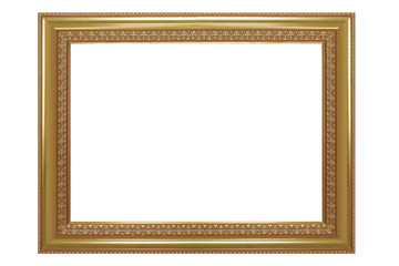 Picture frame isolated on white background, empty antique golden frame for painting or photo.