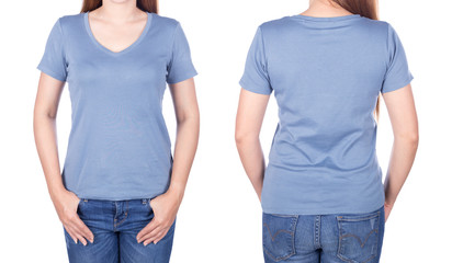 woman in blue t-shirt isolated on white background