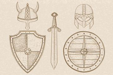 Wall Mural - Warrior weapons - old medieval shields, helmets, sword. Hand drawn sketch