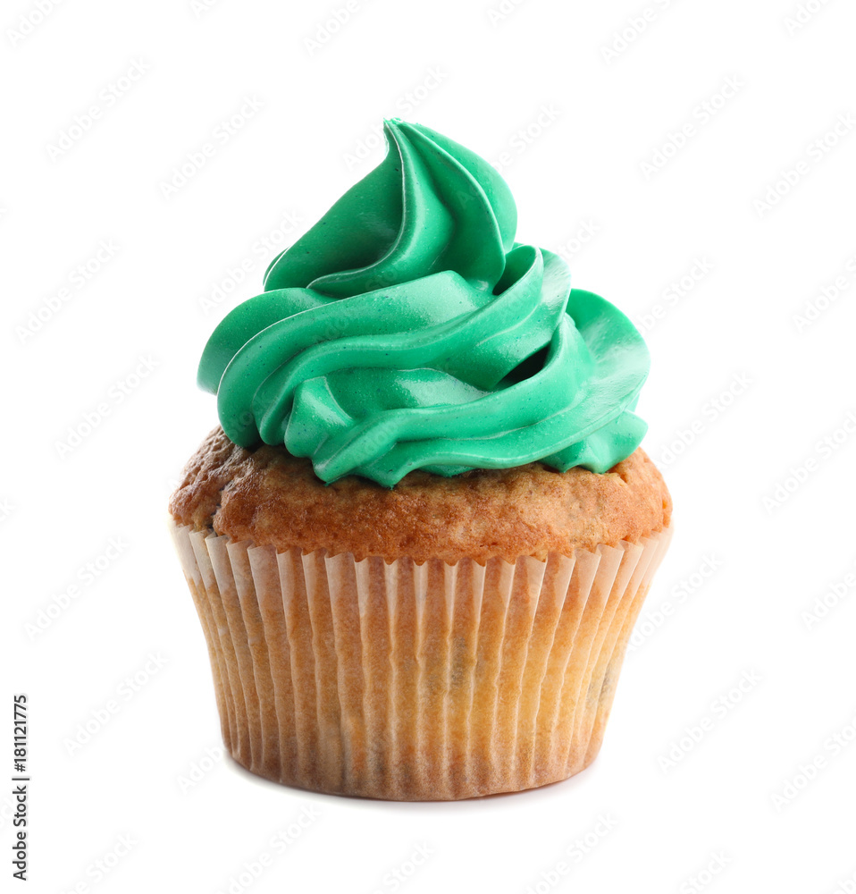 Tasty colorful cupcake on white background