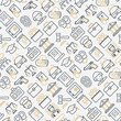 Law and justice seamless pattern with thin line icons: judge, policeman, lawyer, fingerprint, jury, agreement, witness, scales. Vector illustration for banner, web page, print media.