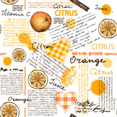 Poster - Seamless background pattern. Imitation of halftone newspaper with citrus and oranges.