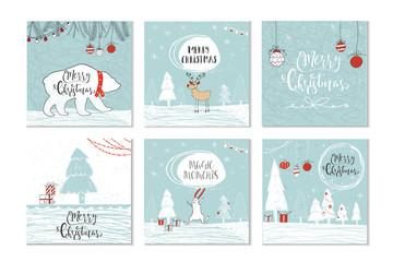 Wall Mural - Set of 6 cute Christmas gift cards with quote Merry Christmas