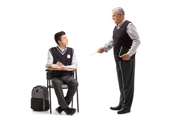 Sticker - Teenage student seated in a school chair looking at his professor