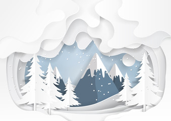 Poster - Mountains and nature landscape on snow winter background.For merry christmas and happy new year paper art style.Vector illustration.