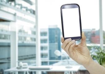 Poster - Hand using phone with office background