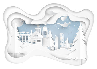 Poster - Snow and winter season abstract background with urban landscape for merry christmas and happy new year paper art style.Vector illustration.