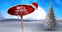 Merry Christmas Text On Wooden Signpost In Christmas Winter