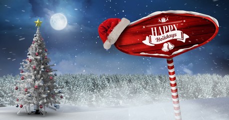 Poster - Happy holidays on Wooden signpost in Christmas Winter landscape