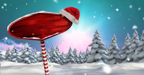 Poster - Wooden signpost in Christmas Winter landscape and Santa hat