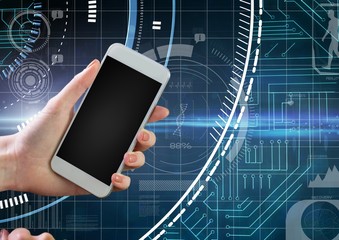 Poster - Hand using phone with technology futuristic background