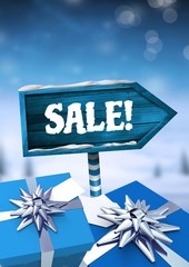 Sticker - Sale text and gifts with Wooden signpost in Christmas Winter