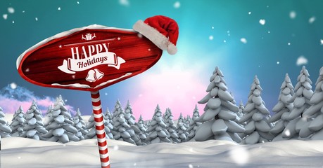Poster - Happy holidays on Wooden signpost in Christmas Winter landscape