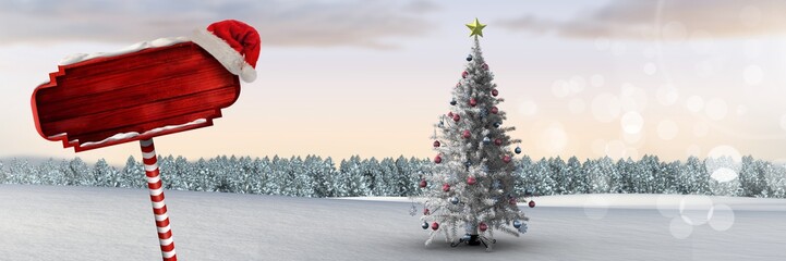 Poster - Wooden signpost in Christmas Winter landscape and Santa hat with
