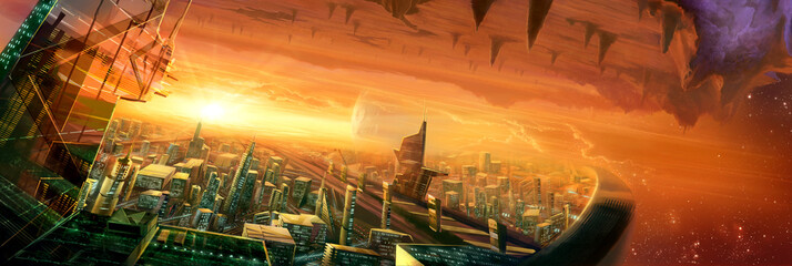 digital illustration of futuristic science fiction city street view environment landscape in space