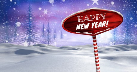 Poster - Happy New Year text on Wooden signpost in Christmas Winter