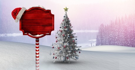Poster - Wooden signpost in Christmas Winter landscape and Santa hat with
