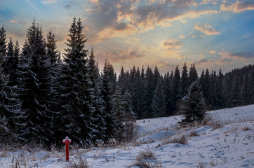 Fototapete - Fantastic winter sunset landscape