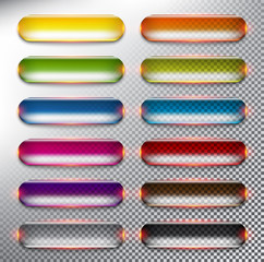Wall Mural - Abstract vector web buttons set of 12. Colorful web buttons. Isolated with realistic, transparent glass shine and shadow on the light background. Vector illustration. Eps10.