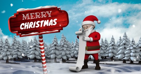 Poster - Merry Christmas text and Santa reading list with Wooden signpost