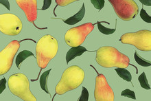 Fruit Or Food Healthy Background. Ripe Pear The Pattern Done In Vintage Or Pop Art Design On The Green Fon. Colorful Wallpaper.