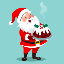 Vector Cartoon Illustration Of Happy Santa Claus Standing Holding Traditional English Christmas Fruit Cake On A Platter, Isolated On Aqua. Cristmas Theme Design Element In Flat Contemporary Style.