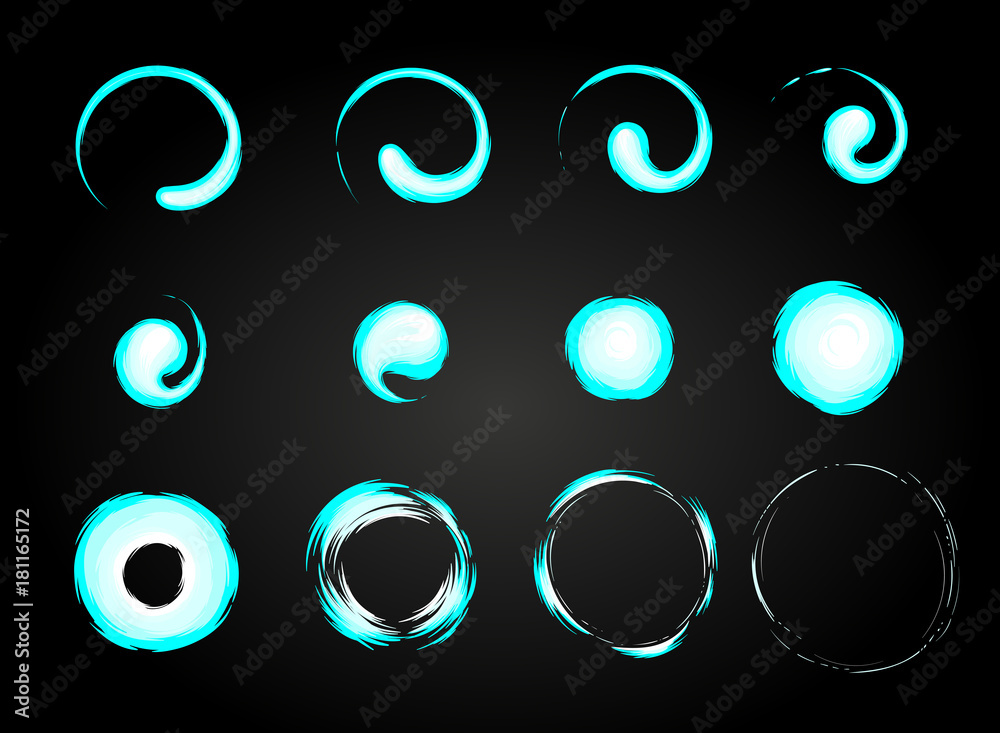 Blue fire explosion special effect fx animation frames sprite sheet. Vortex blue fire and thunder power explosion frames for flash animation in games, video and cartoon.