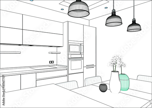 Vector Sketch Modern Kitchen Design In Home Interior Vector Sketch Modern Kitchen Design