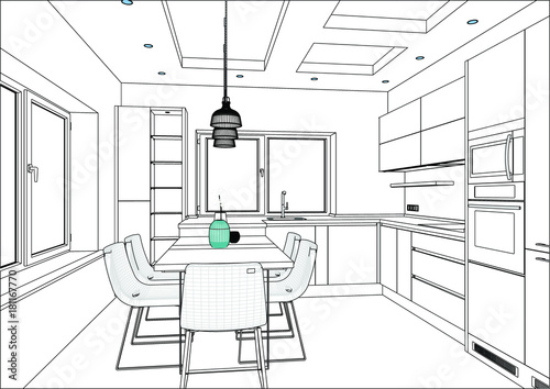 3d Vector Sketch Modern Kitchen Design In Home Interior