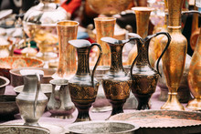 Tbilisi, Georgia. Close View Of Jugs In Shop Flea Market Of Antiques Old Retro Vintage Things