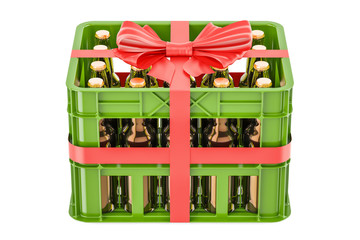 Poster - crate full beer bottles with red bow and ribbon, gift concept. 3d rendering