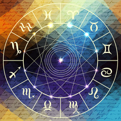 Wall Mural - Magic circle with zodiacs sign on abstract grunge background.