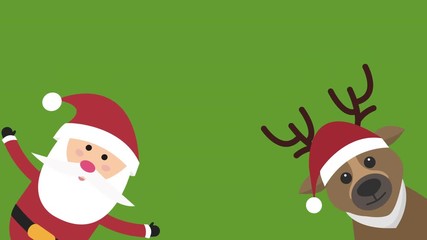 cute cartoon santa claus and reindeer animation loop. cartoon christmas santa claus and deer over gr